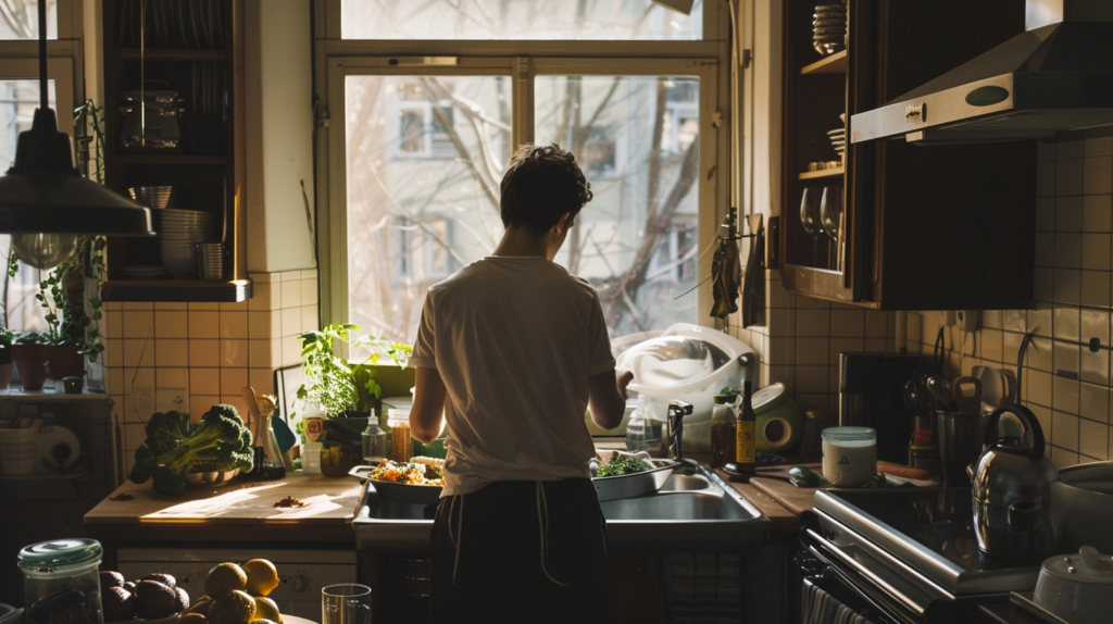 Human figure in a quiet kitchen space partial body